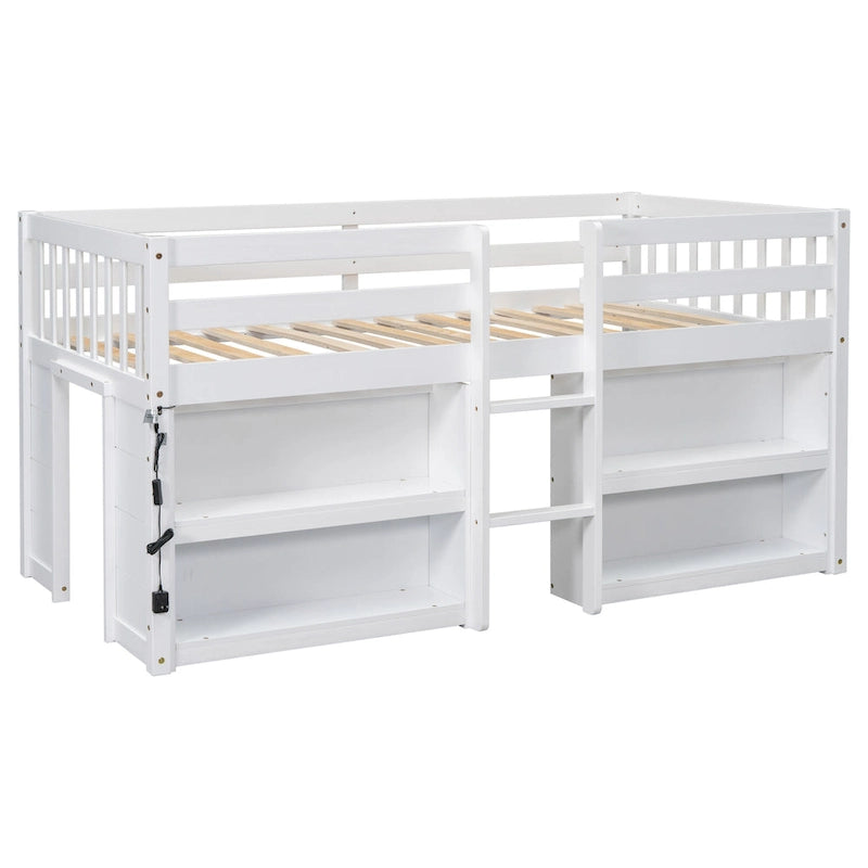 Cama alta baja de madera individual con estantes y luz LED