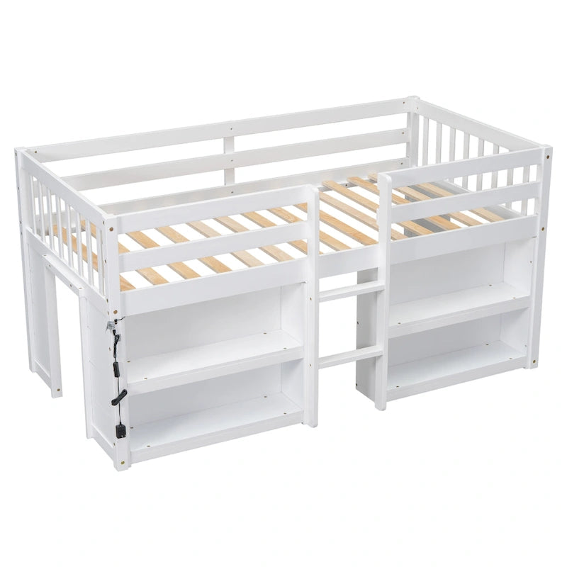 Cama alta baja de madera individual con estantes y luz LED