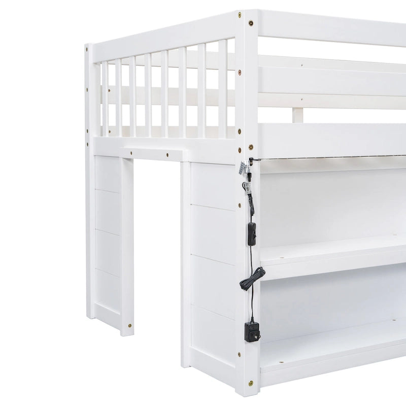 Cama alta baja de madera individual con estantes y luz LED