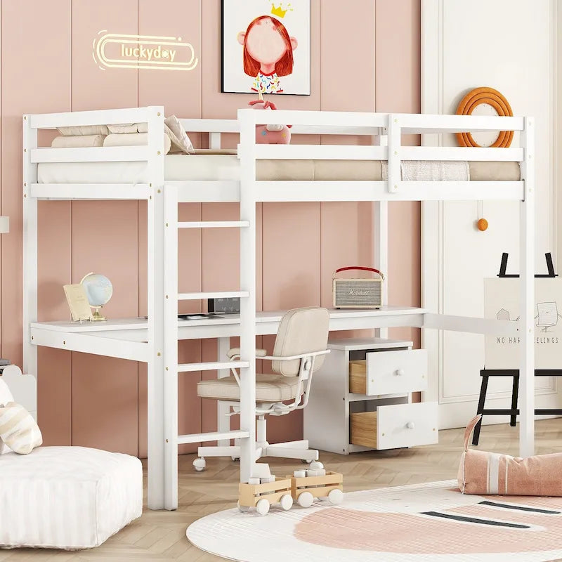 Cama alta de madera blanca tamaño Twin con escritorio, almacenamiento y barandillas de seguridad