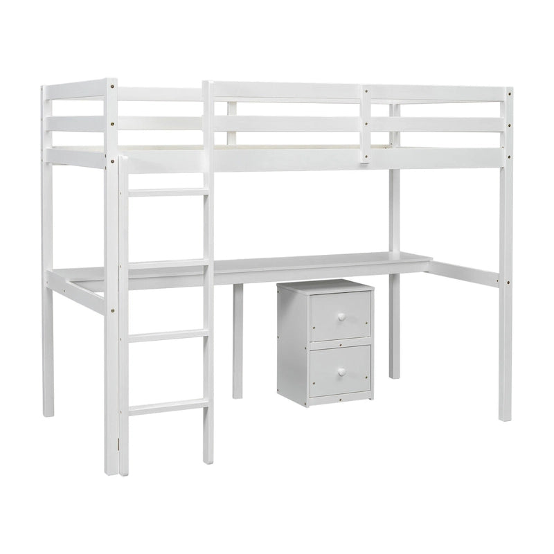 Cama alta de madera blanca tamaño Twin con escritorio, almacenamiento y barandillas de seguridad