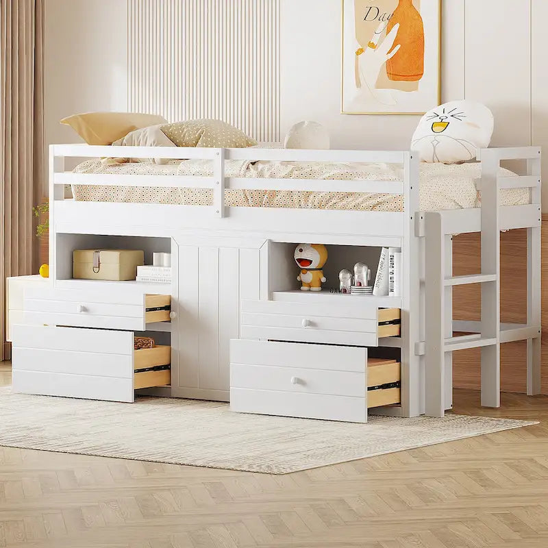 Cama alta de madera maciza tamaño individual con cajones y armarios