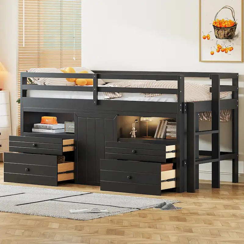 Cama alta de madera maciza tamaño individual con cajones y armarios