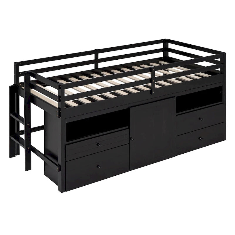 Cama alta de madera maciza tamaño individual con cajones y armarios