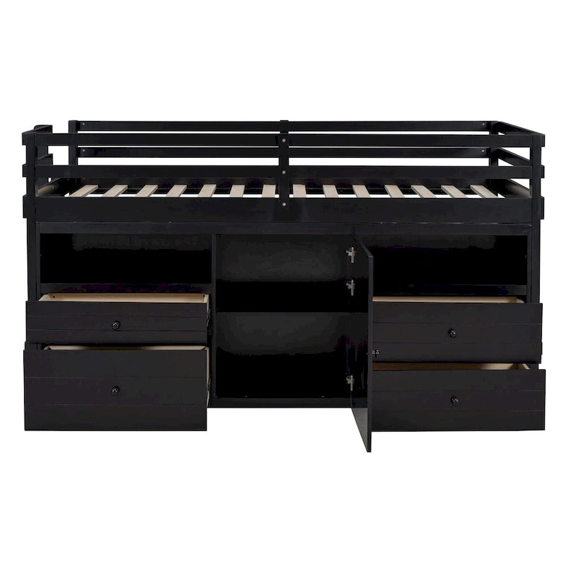 Cama alta de madera maciza tamaño individual con cajones y armarios