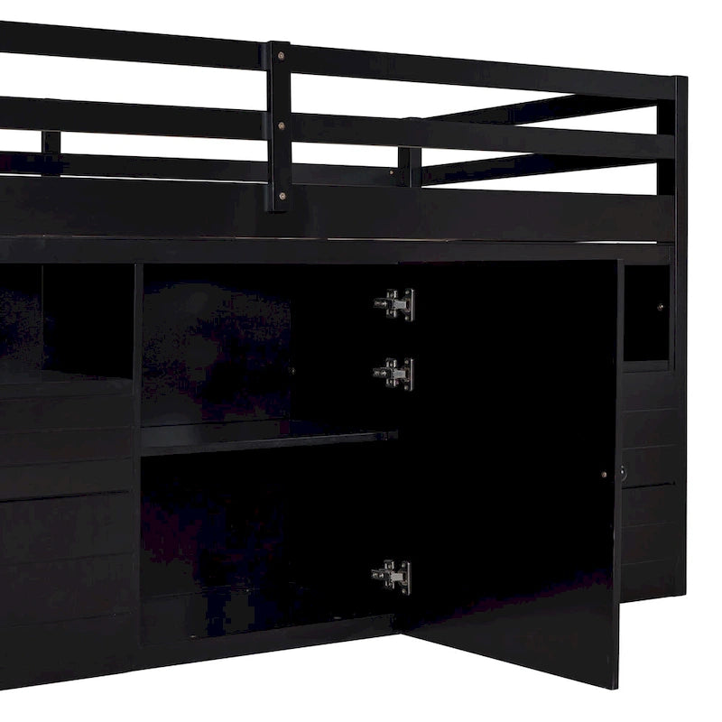 Cama alta de madera maciza tamaño individual con cajones y armarios