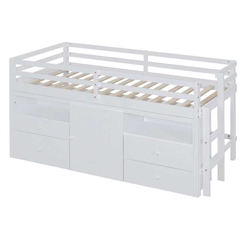 Hochbett aus Massivholz in Einzelbettgröße mit Schubladen und Schränken