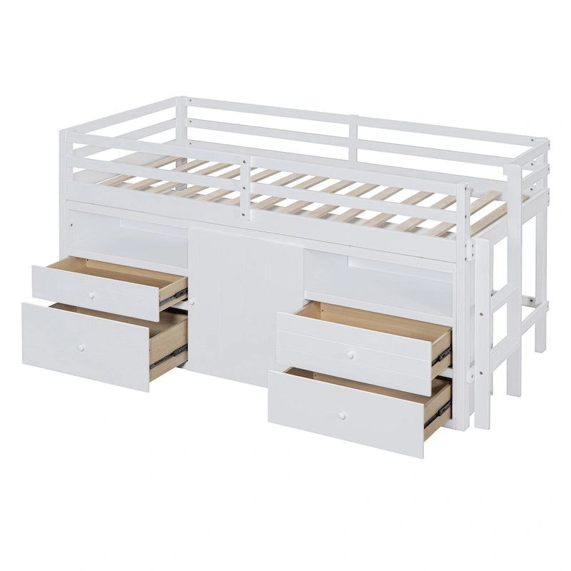 Hochbett aus Massivholz in Einzelbettgröße mit Schubladen und Schränken