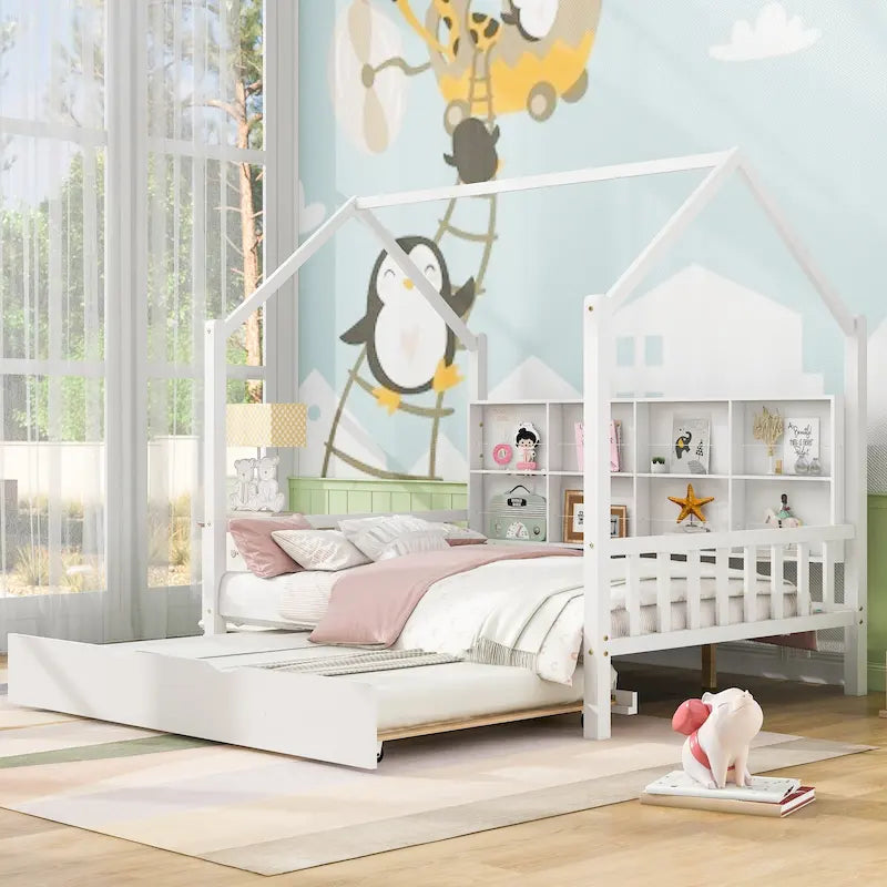 Cama casita de madera tamaño Full con cama nido, cama infantil con estante
