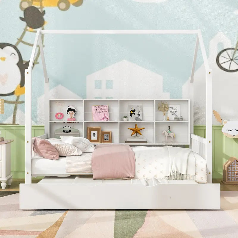 Cama casita de madera tamaño Full con cama nido, cama infantil con estante