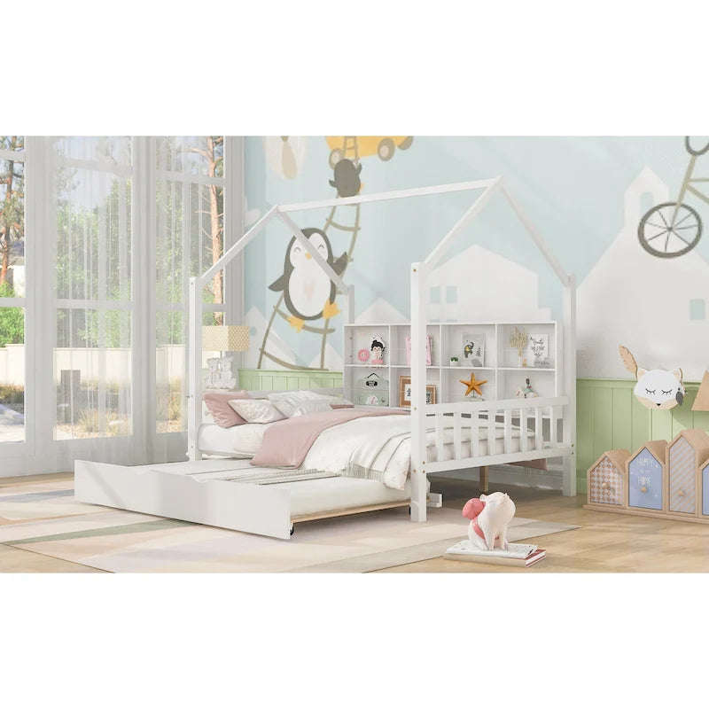 Cama casita de madera tamaño Full con cama nido, cama infantil con estante
