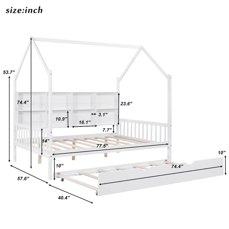 Cama casita de madera tamaño Full con cama nido, cama infantil con estante