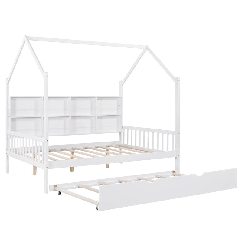 Cama casita de madera tamaño Full con cama nido, cama infantil con estante