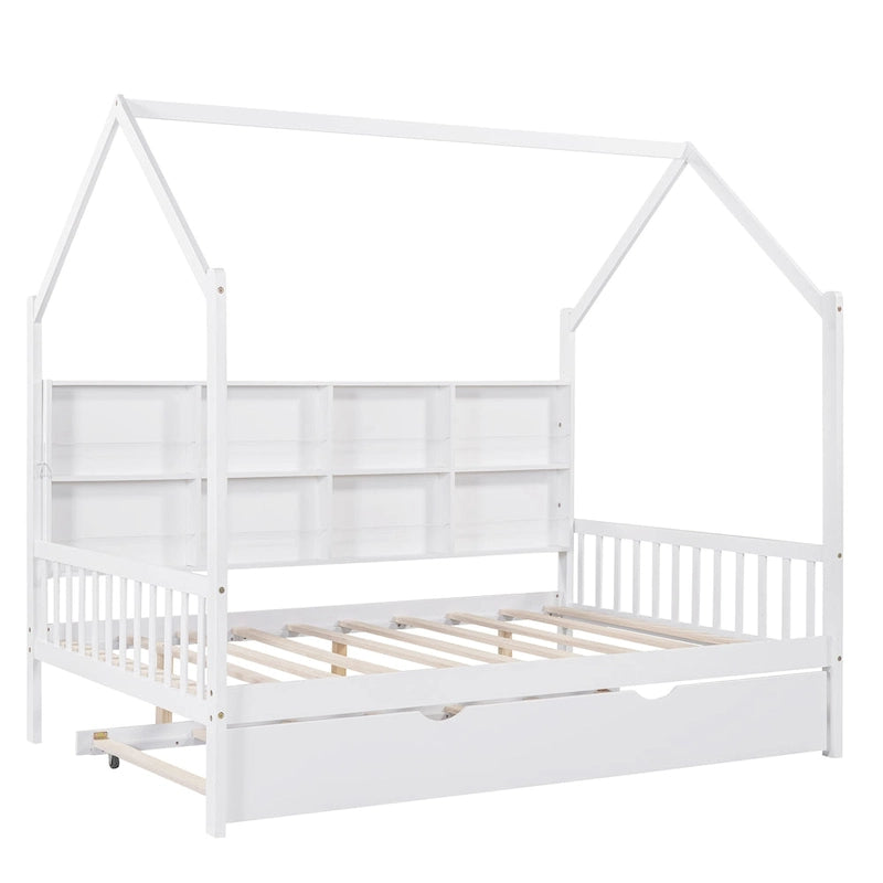 Cama casita de madera tamaño Full con cama nido, cama infantil con estante