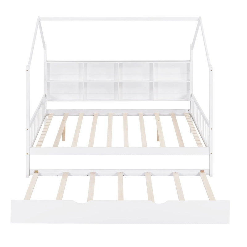 Cama casita de madera tamaño Full con cama nido, cama infantil con estante