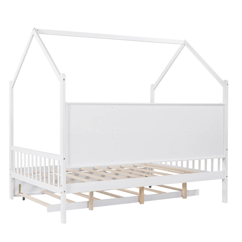 Cama casita de madera tamaño Full con cama nido, cama infantil con estante
