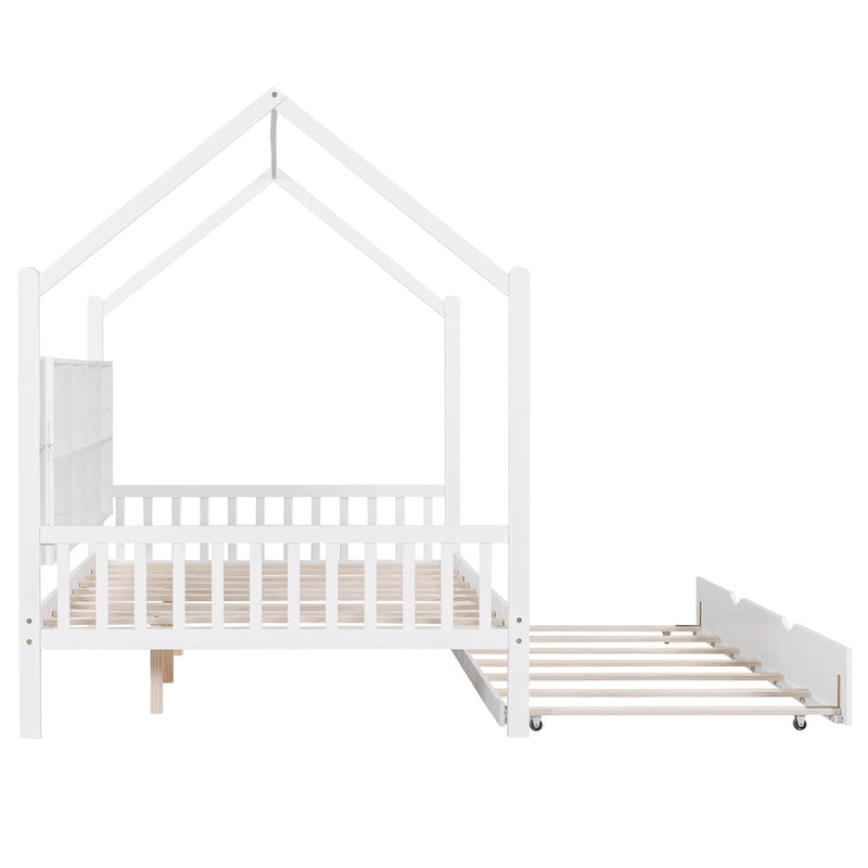 Cama casita de madera tamaño Full con cama nido, cama infantil con estante