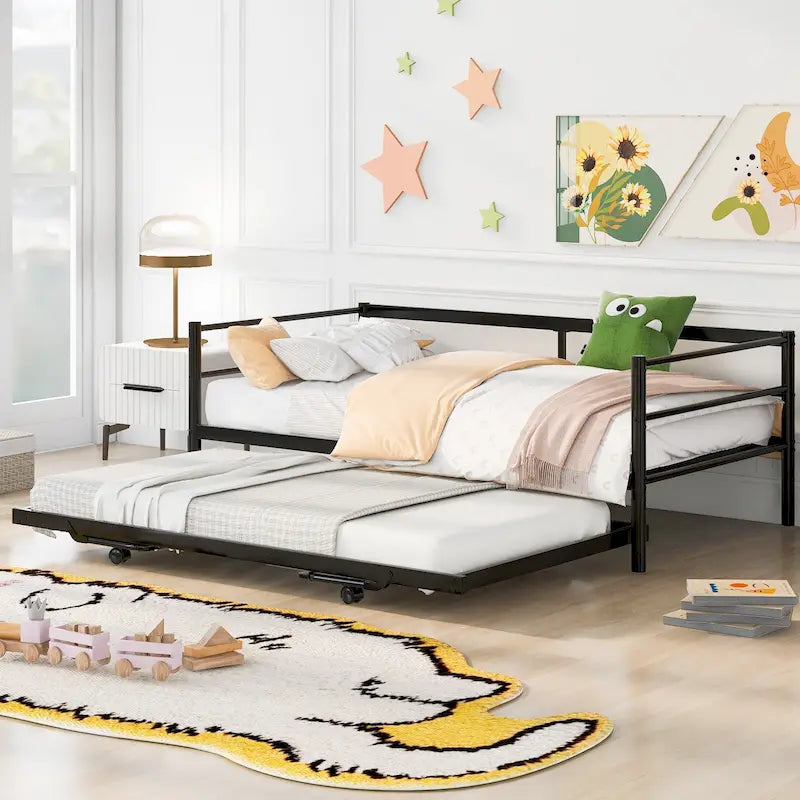 Diván metálico negro individual con cama nido desplegable