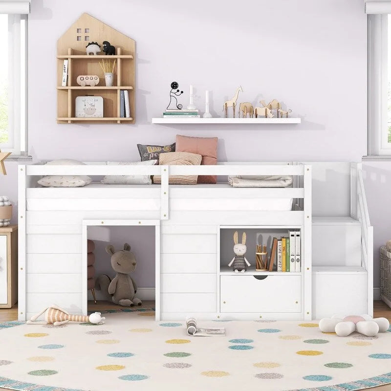 Cama alta baja Twin con librero, cajón y escalera
