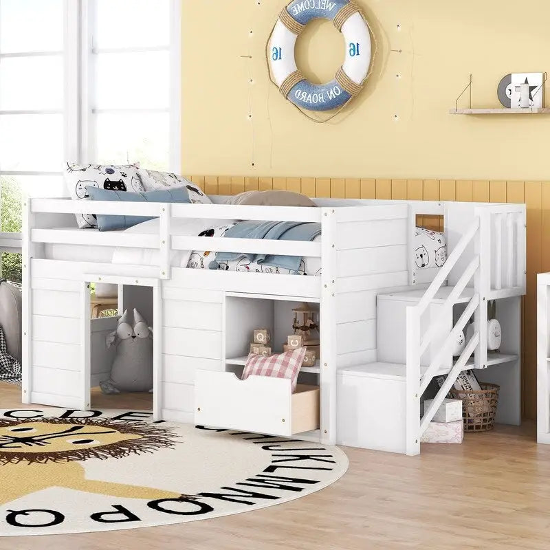 Cama alta baja Twin con librero, cajón y escalera