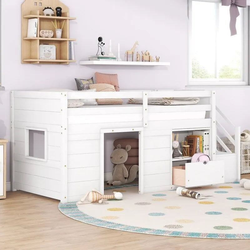 Cama alta baja Twin con librero, cajón y escalera