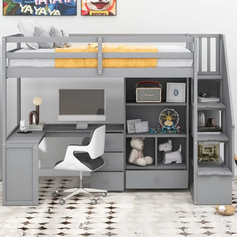 Cama alta multifuncional de madera tamaño individual con escritorio en forma de L y escalera con almacenamiento, estructura de cama alta con gabinete y cajones