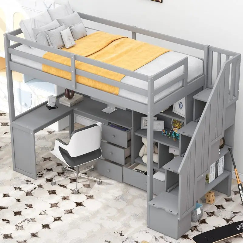 Cama alta multifuncional de madera tamaño individual con escritorio en forma de L y escalera con almacenamiento, estructura de cama alta con gabinete y cajones