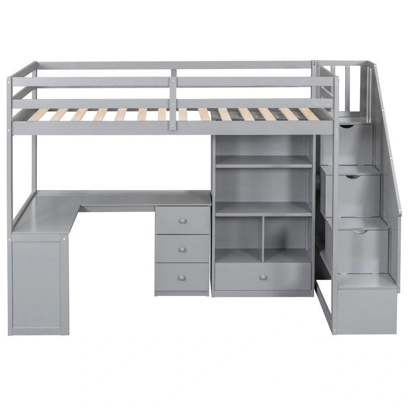 Cama alta multifuncional de madera tamaño individual con escritorio en forma de L y escalera con almacenamiento, estructura de cama alta con gabinete y cajones