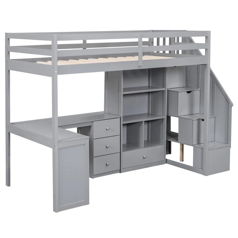Cama alta multifuncional de madera tamaño individual con escritorio en forma de L y escalera con almacenamiento, estructura de cama alta con gabinete y cajones