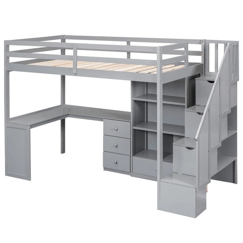 Multifunktionales Holz-Hochbett in Einzelbettgröße mit L-förmigem Schreibtisch und Stauraumtreppe, Hochbettrahmen mit Schrank und Schubladen