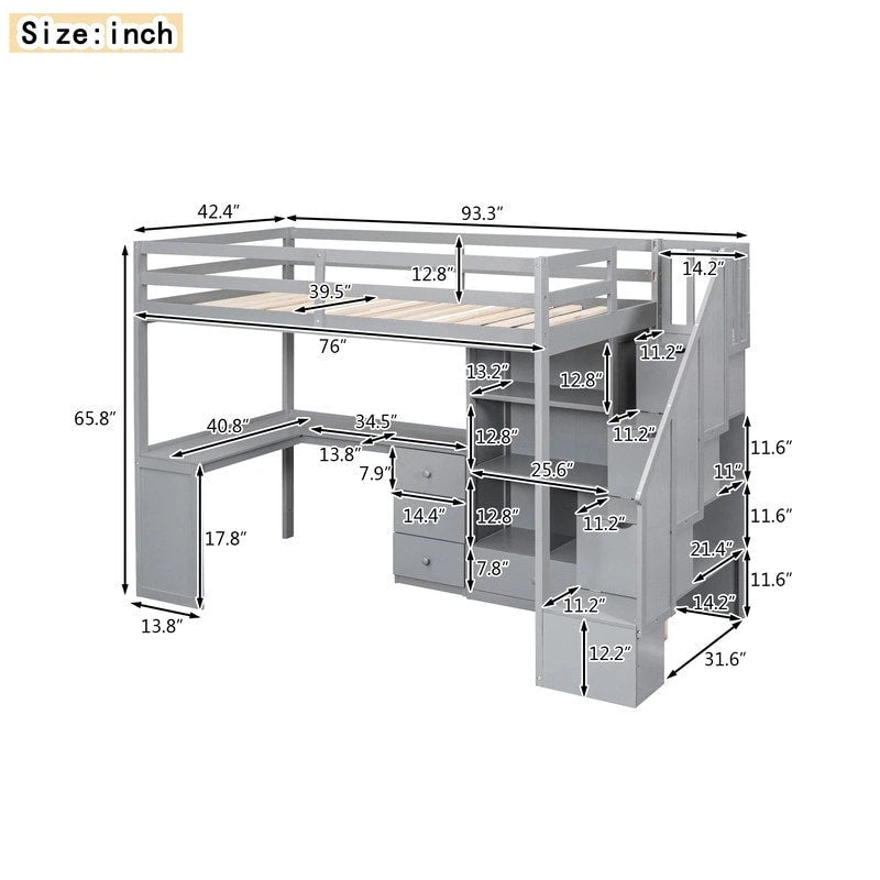 Multifunktionales Holz-Hochbett in Einzelbettgröße mit L-förmigem Schreibtisch und Stauraumtreppe, Hochbettrahmen mit Schrank und Schubladen