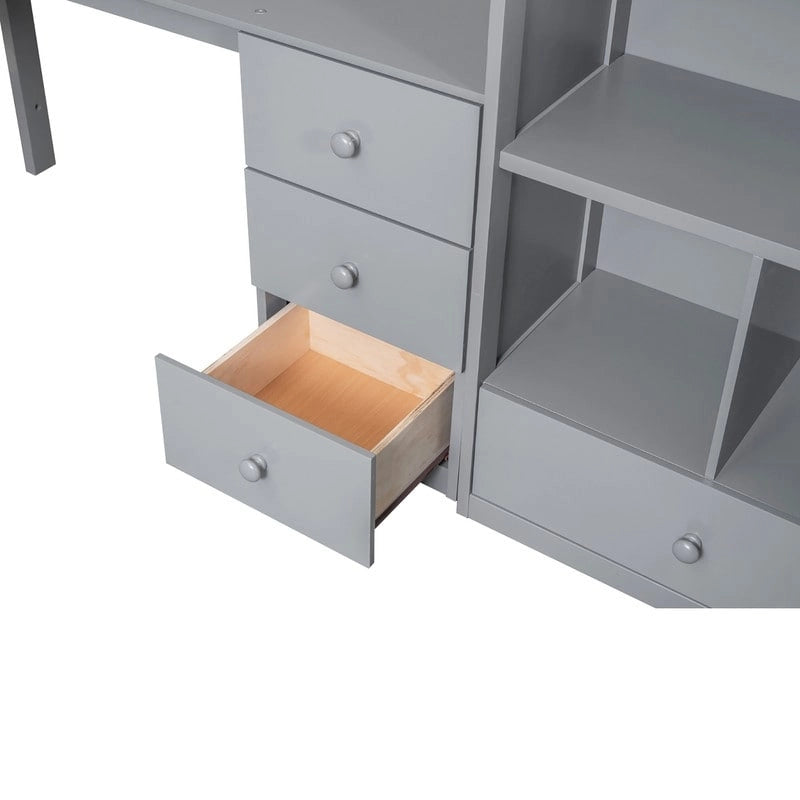 Multifunktionales Holz-Hochbett in Einzelbettgröße mit L-förmigem Schreibtisch und Stauraumtreppe, Hochbettrahmen mit Schrank und Schubladen
