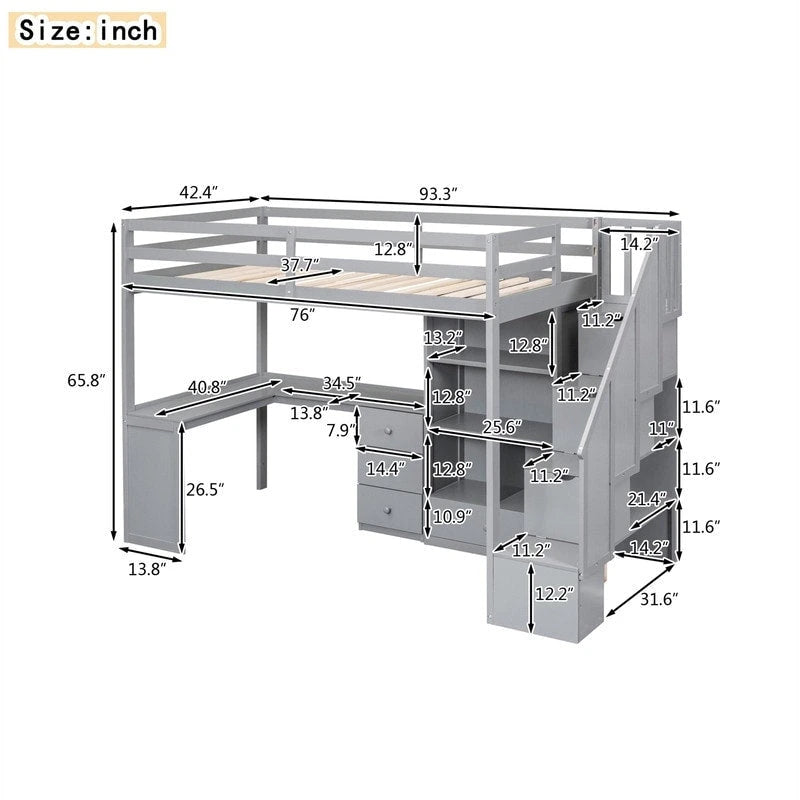 Multifunktionales Holz-Hochbett in Einzelbettgröße mit L-förmigem Schreibtisch und Stauraumtreppe, Hochbettrahmen mit Schrank und Schubladen