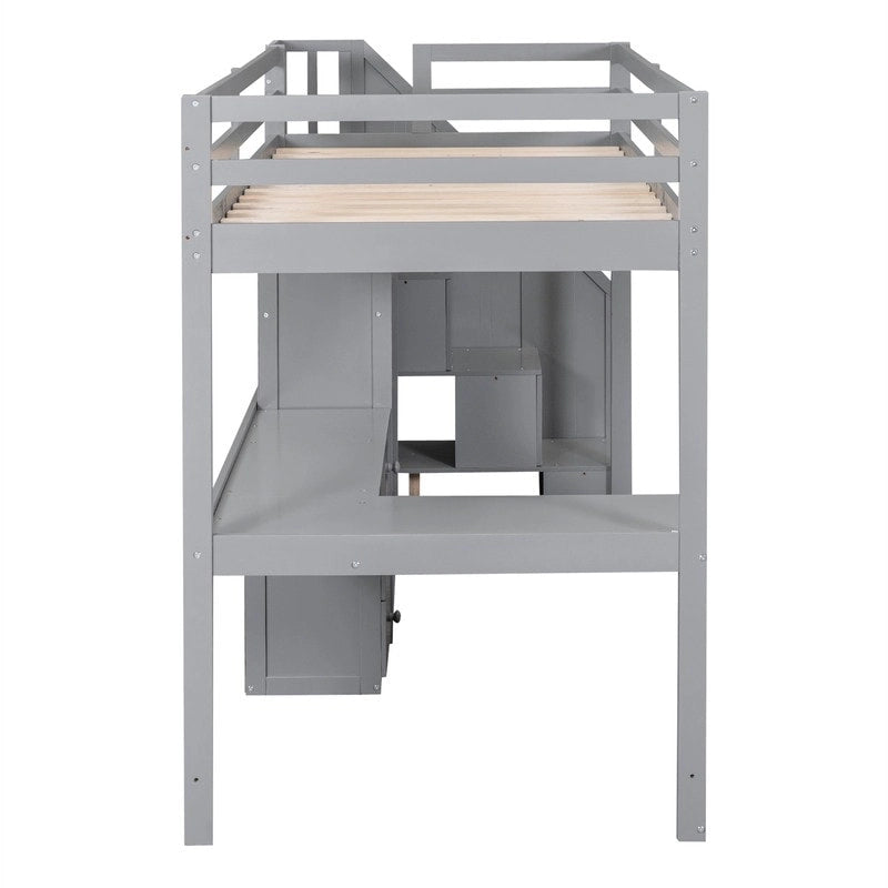 Multifunktionales Holz-Hochbett in Einzelbettgröße mit L-förmigem Schreibtisch und Stauraumtreppe, Hochbettrahmen mit Schrank und Schubladen