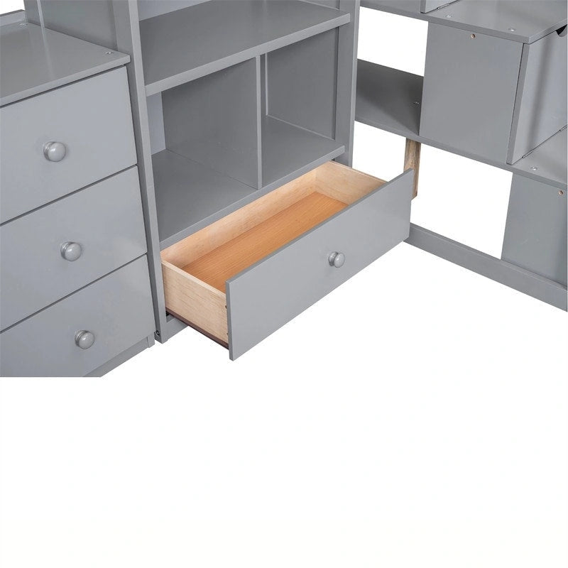 Multifunktionales Holz-Hochbett in Einzelbettgröße mit L-förmigem Schreibtisch und Stauraumtreppe, Hochbettrahmen mit Schrank und Schubladen