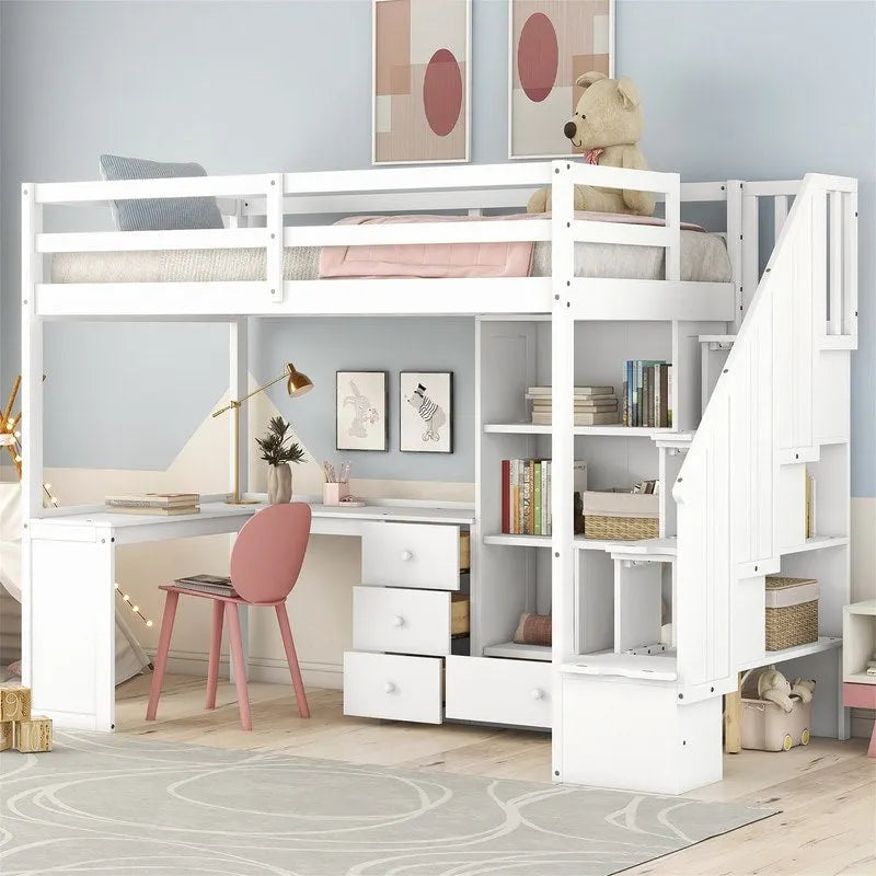 Multifunktionales Holz-Hochbett in Einzelbettgröße mit L-förmigem Schreibtisch und Stauraumtreppe, Hochbettrahmen mit Schrank und Schubladen