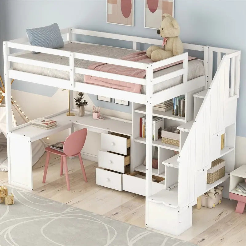 Multifunktionales Holz-Hochbett in Einzelbettgröße mit L-förmigem Schreibtisch und Stauraumtreppe, Hochbettrahmen mit Schrank und Schubladen