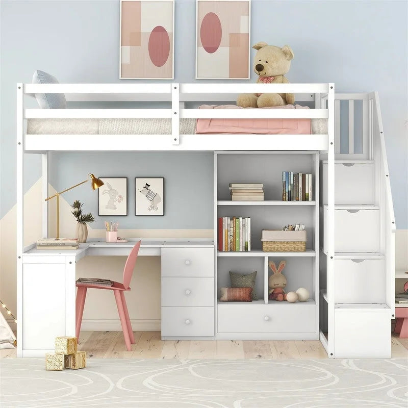 Multifunktionales Holz-Hochbett in Einzelbettgröße mit L-förmigem Schreibtisch und Stauraumtreppe, Hochbettrahmen mit Schrank und Schubladen