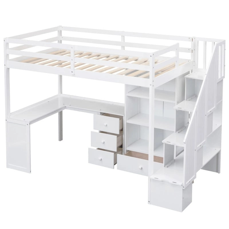Multifunktionales Holz-Hochbett in Einzelbettgröße mit L-förmigem Schreibtisch und Stauraumtreppe, Hochbettrahmen mit Schrank und Schubladen
