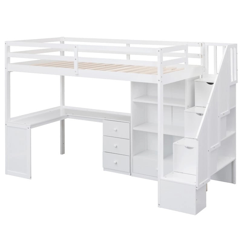 Multifunktionales Holz-Hochbett in Einzelbettgröße mit L-förmigem Schreibtisch und Stauraumtreppe, Hochbettrahmen mit Schrank und Schubladen