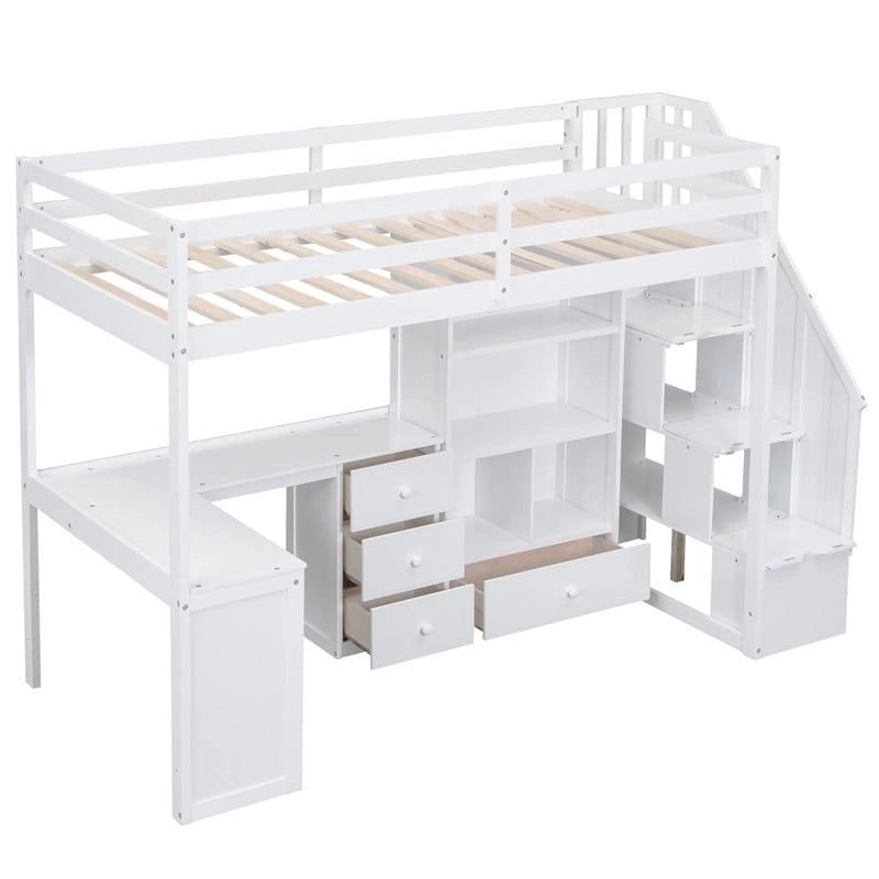 Multifunktionales Holz-Hochbett in Einzelbettgröße mit L-förmigem Schreibtisch und Stauraumtreppe, Hochbettrahmen mit Schrank und Schubladen
