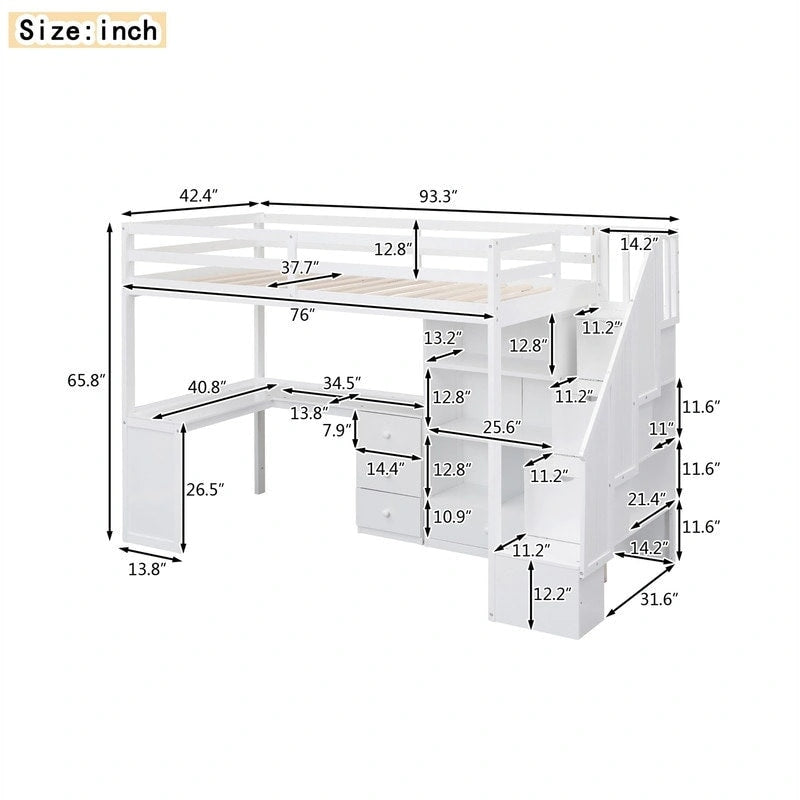 Multifunktionales Holz-Hochbett in Einzelbettgröße mit L-förmigem Schreibtisch und Stauraumtreppe, Hochbettrahmen mit Schrank und Schubladen