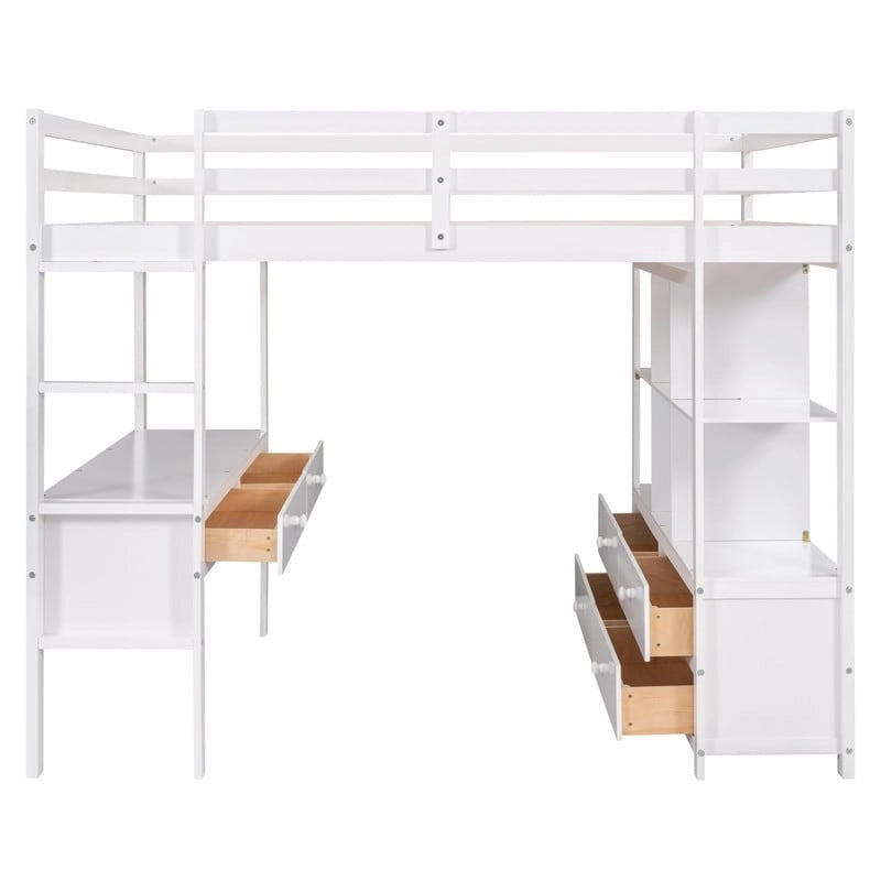 Hochbett aus Holz in voller Größe mit integriertem Schreibtisch, zwei Schubladen sowie Stauraumregalen und -schubladen für Kinder