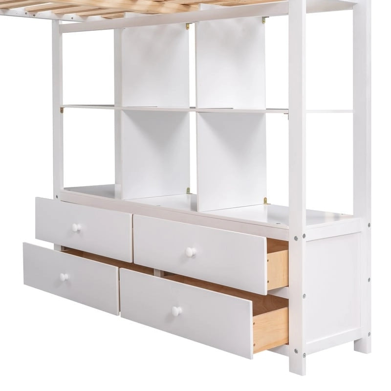Hochbett aus Holz in voller Größe mit integriertem Schreibtisch, zwei Schubladen sowie Stauraumregalen und -schubladen für Kinder