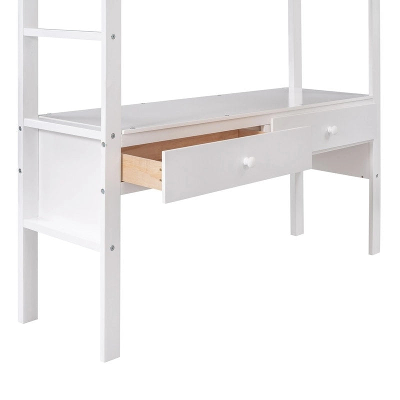 Hochbett aus Holz in voller Größe mit integriertem Schreibtisch, zwei Schubladen sowie Stauraumregalen und -schubladen für Kinder