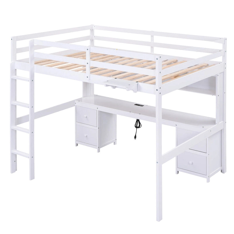 Hochbett in voller Größe mit Schreibtisch, Schubladen, Nachttischablage und Ladestation