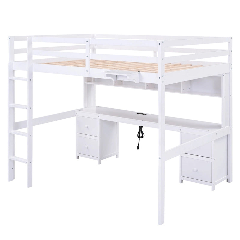 Cama alta de tamaño matrimonial con escritorio, cajones, bandeja lateral y estación de carga