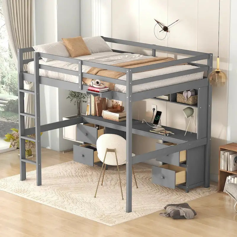Hochbett in voller Größe mit Schreibtisch, Schubladen, Nachttischablage und Ladestation