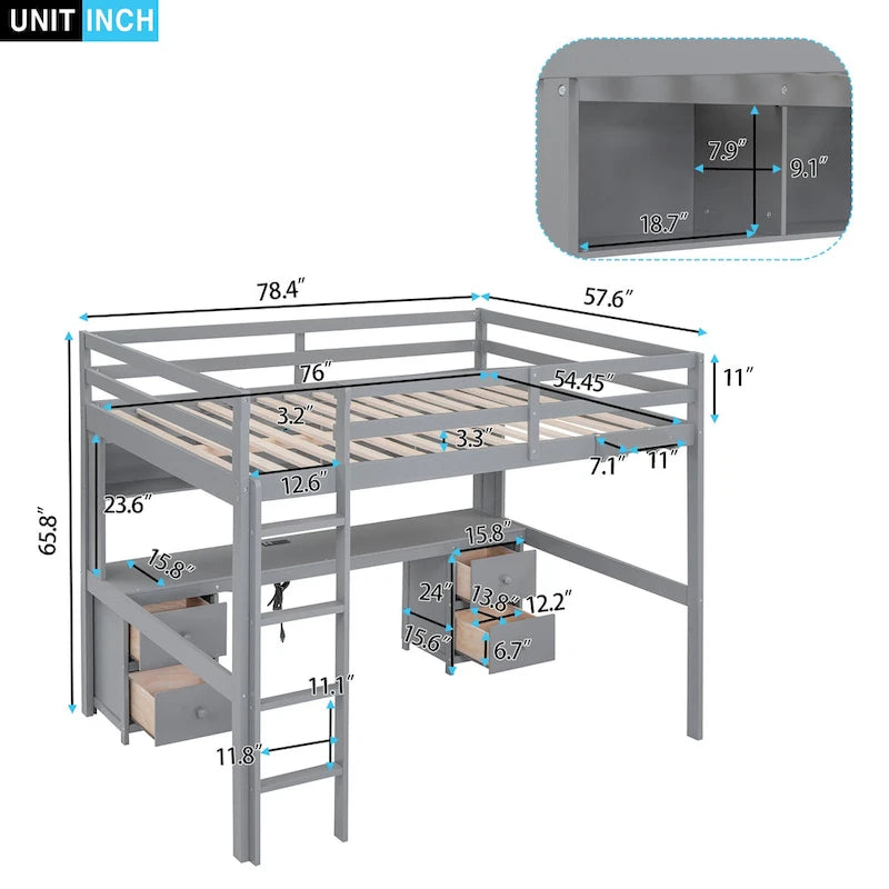 Hochbett in voller Größe mit Schreibtisch, Schubladen, Nachttischablage und Ladestation