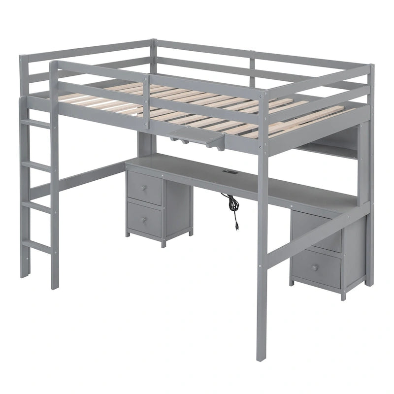 Hochbett in voller Größe mit Schreibtisch, Schubladen, Nachttischablage und Ladestation